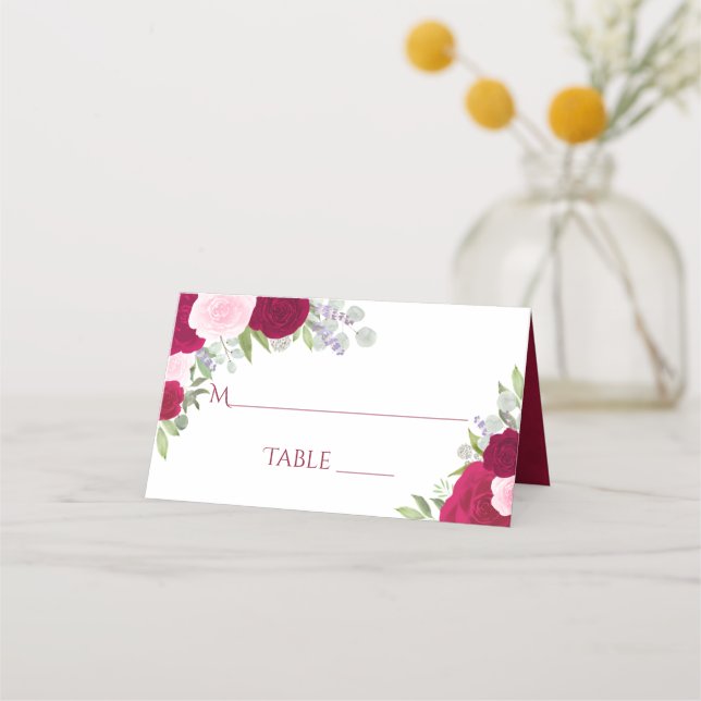 Magenta & Pink Roses Elegant Wedding Write-In Place Card (Front)