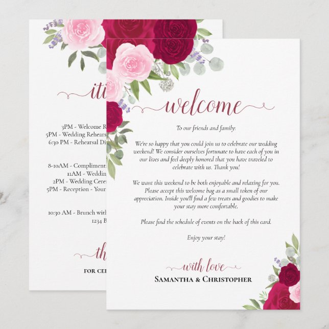 Magenta & Pink Roses Wedding Welcome & Itinerary Program (Front/Back)
