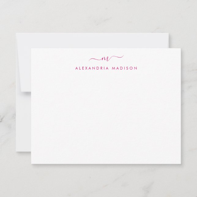 Magenta Pink Script Monogram Chic Swash Stationery Card (Front)