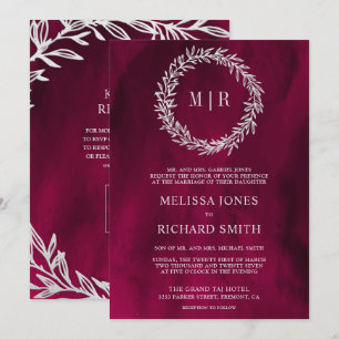 Magenta Pink Silver Leaf Branch QR Code Wedding Invitation