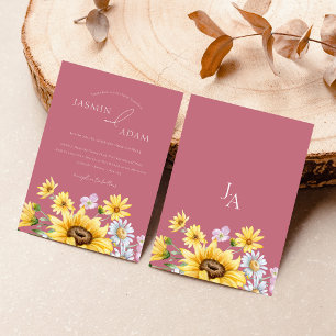 Magenta Pink Sunflower Monogram Floral Wedding Invitation