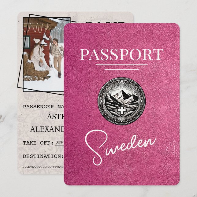 Magenta Pink Sweden Passport Save The Date (Front/Back)