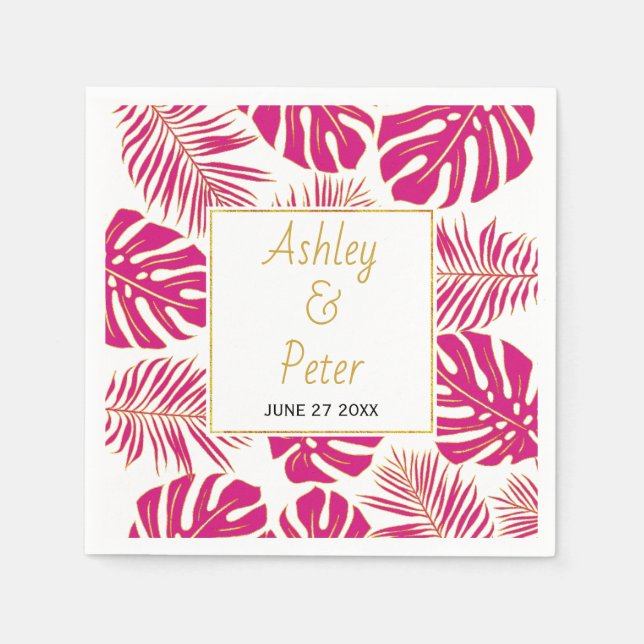 Magenta pink tropical monstera palm leaves wedding napkin (Front)