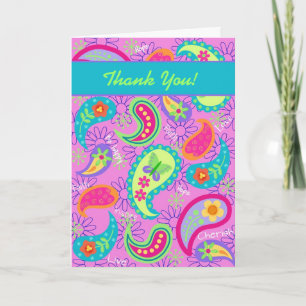 Magenta Pink Turquoise Modern Paisley Pattern Thank You Card