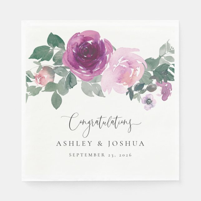 Magenta Pink Watercolor Floral Ivory Wedding Napkin (Front)