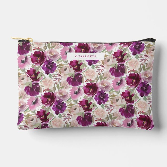 Magenta Pink Watercolor Flowers Accessory Pouch (Front)