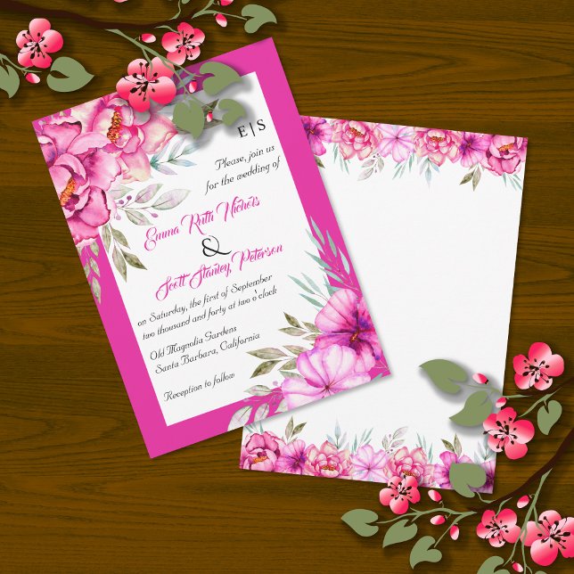 Magenta pink watercolor flowers floral wedding invitation (Creator Uploaded)