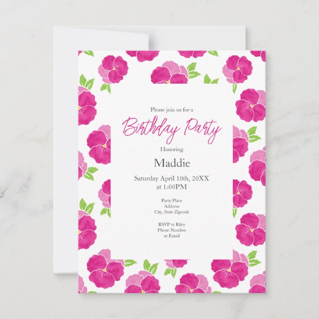 Magenta Pink Watercolor Pansies Invitation (Front)