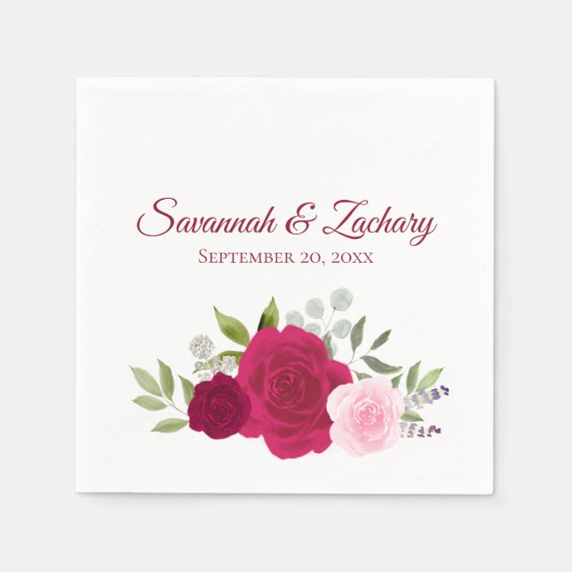 Magenta & Pink Watercolor Roses Boho Chic Wedding Napkin (Front)