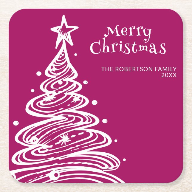 Magenta Pink White Christmas Tree Party Square Paper Coaster (Front)