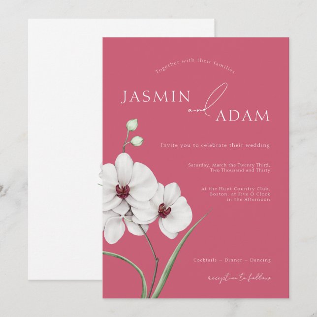 Magenta Pink White Orchids Initials Floral Wedding Invitation (Front/Back)