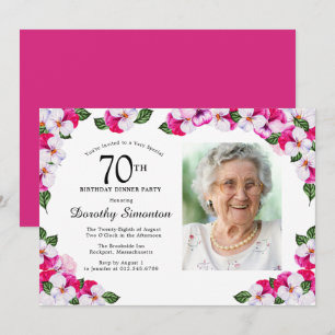 Magenta Pink White Photo 70th Birthday Dinner Invitation