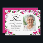 Magenta Pink White Photo 80th Birthday Dinner Invitation<br><div class="desc">An elegant frame of watercolor pansies surrounds your 80th birthday dinner party details and photo. The bright and colourful magenta, pink and white floral is perfect for a spring or summer birthday celebration. All of the text is editable so you can create just the right vibe. The back of the...</div>