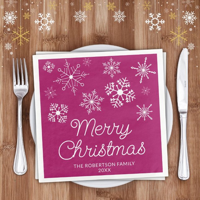 Magenta Pink White Snowflakes Christmas Party Napkin (Creator Uploaded)