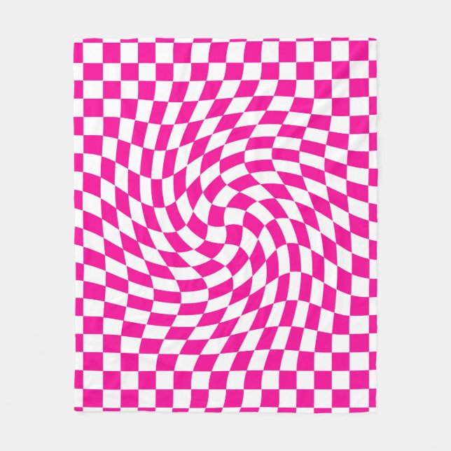 Magenta Pink & White Warped Chic Chequered Pattern Fleece Blanket (Front)