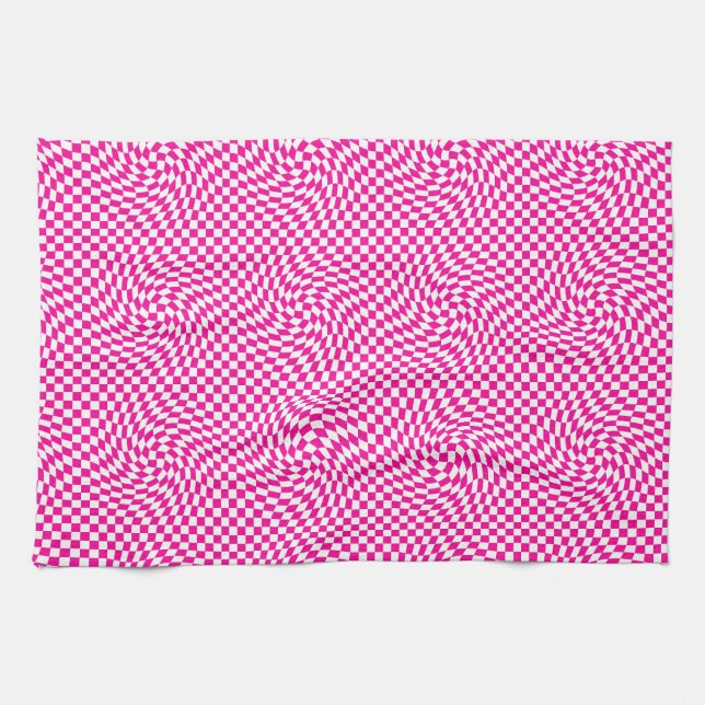 Magenta Pink & White Warped Chic Chequered Pattern Kitchen Towel (Horizontal)