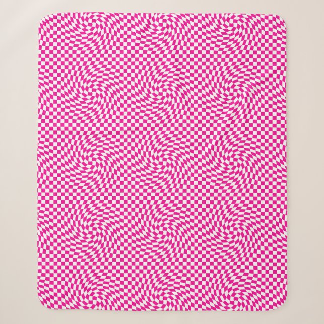 Magenta Pink & White Warped Chic Chequered Pattern Sherpa Blanket (Front)