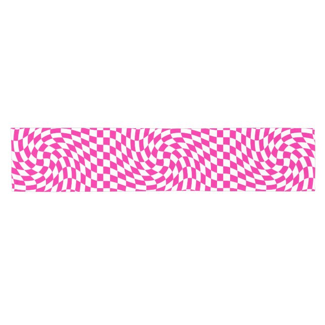 Magenta Pink & White Warped Chic Chequered Pattern Short Table Runner (Horizontal)