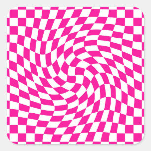 Magenta Pink & White Warped Chic Chequered Pattern Square Sticker
