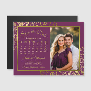 Magenta Plum Gold Calendar Photo Save Date Magnet