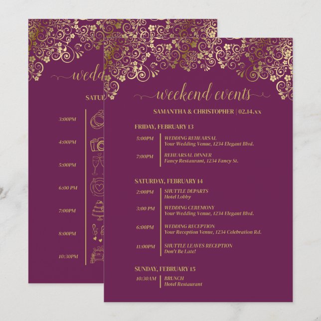 Magenta Plum & Gold Wedding Events & Timeline Program (Front/Back)