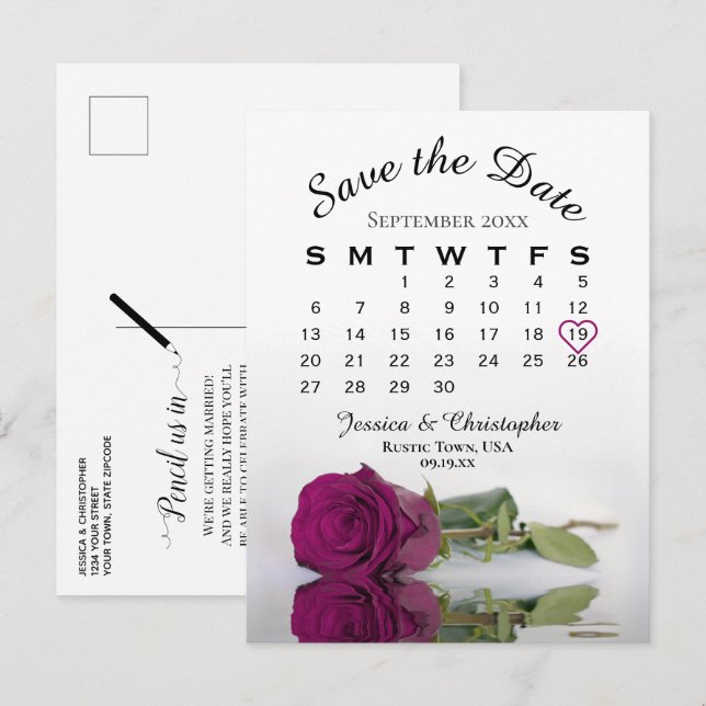 Magenta Plum Rose Wedding Calendar Save the Date Announcement Postcard (Front/Back)