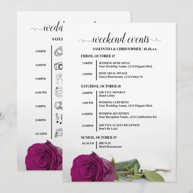 Magenta Plum Rose Wedding Events & Timeline Program (Front/Back)