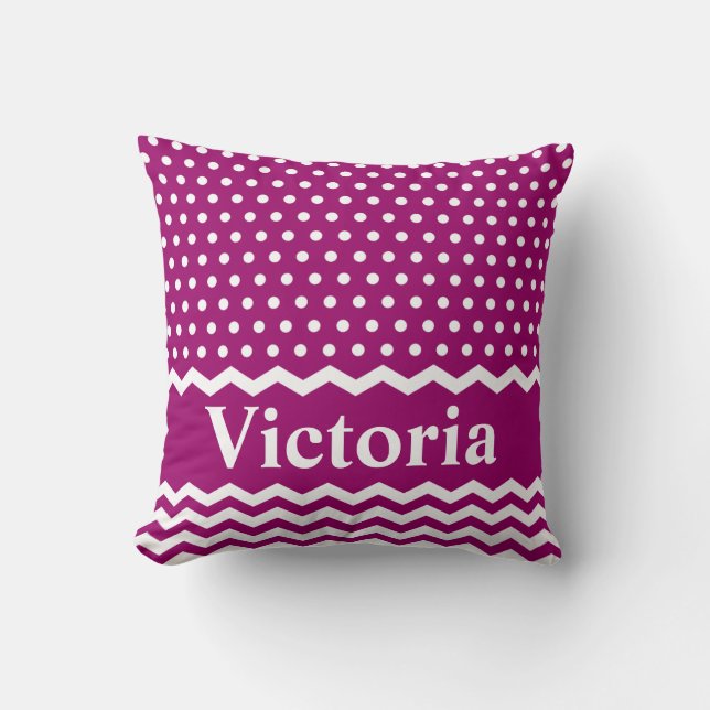 Magenta Polka Dots and Chevrons Throw Pillow (Front)