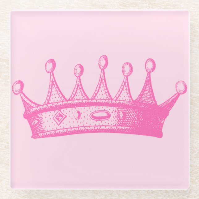 Magenta Princess Crown on Pink Background Glass Coaster (Front)
