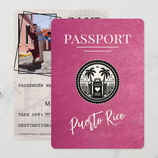 Magenta Puerto Rico Passport Save The Date (Front/Back)