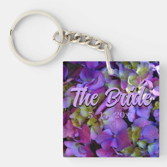 Magenta Purple blue yellow Hydrangeas flower Bride Keychain (Front)