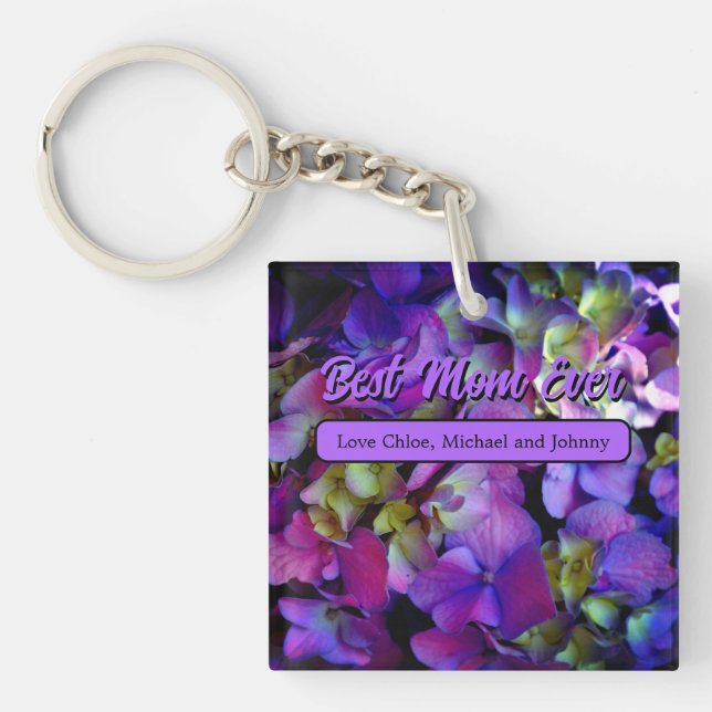 Magenta Purple blue yellow Hydrangeas flowers, mom Keychain (Front)