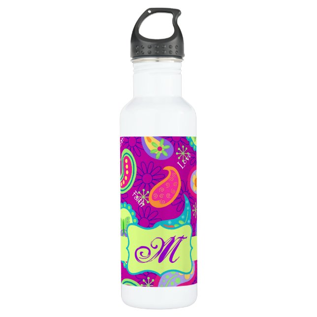 Magenta Purple Green Modern Paisley Monogram 710 Ml Water Bottle (Front)