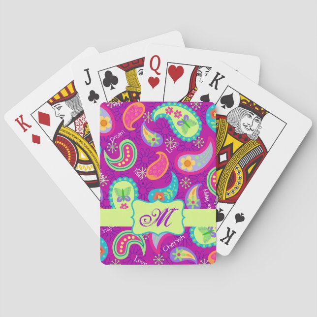 Magenta Purple Green Modern Paisley Monogram Playing Cards (Back)
