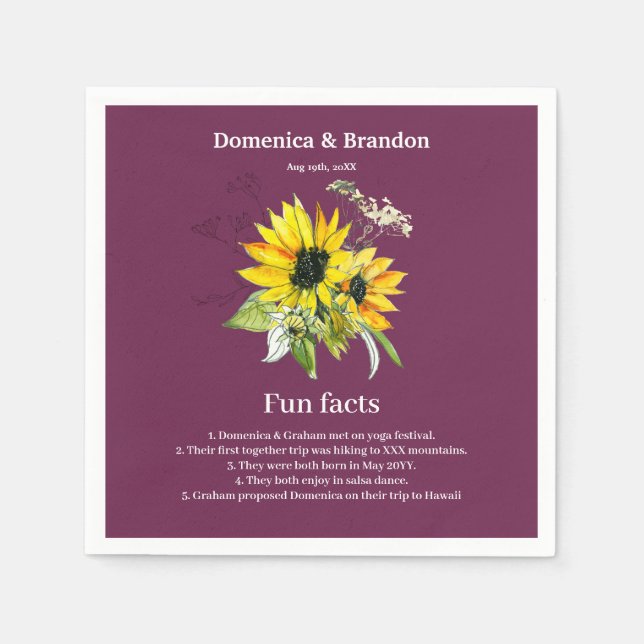 Magenta Purple Sunflower Wedding Fun Facts Napkins (Front)