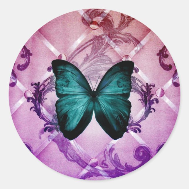 Magenta Purple Swirls Bohemian Teal Butterfly Classic Round Sticker (Front)