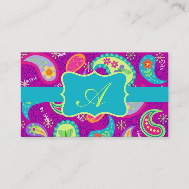 Magenta Purple Turquoise Modern Paisley Monogram Business Card (Front)