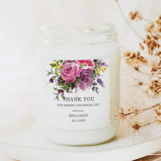 Magenta Purple Yellow Floral Boho Wedding Favour Square Sticker (Creator Uploaded)