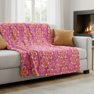 Magenta Purple Yellow Groovy Flower Pattern Fleece Blanket