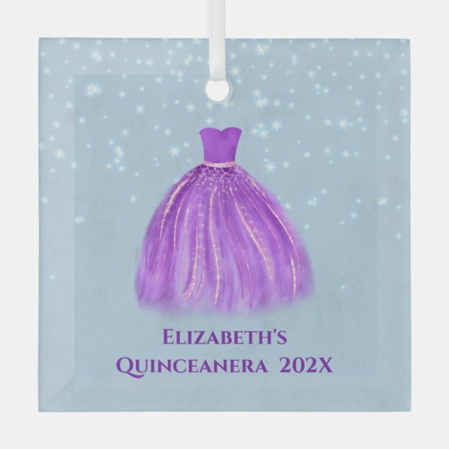 Magenta Quinceanera Dress on Starry Blue with Name Glass Ornament (Front)