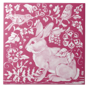 Magenta Rabbit Bird Nature Woodland Floral Pretty Tile