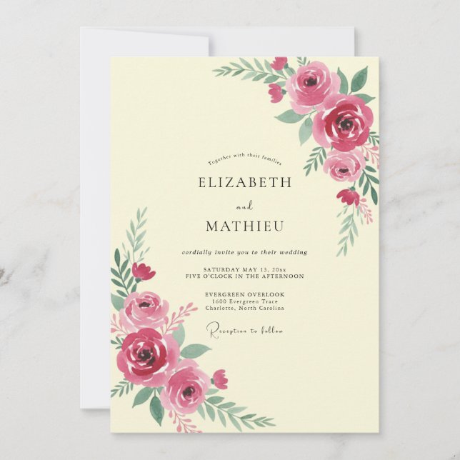 Magenta Ranunculus Muted Eucalyptus Wedding Invitation (Front)