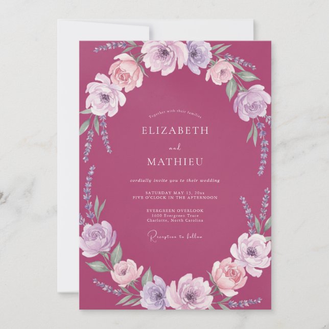 Magenta Ranunculus Wreath Wedding Invitation (Front)
