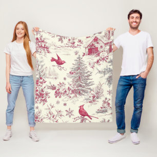 Magenta Red Green Christmas Toile Cream Winter Fleece Blanket
