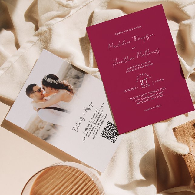 Magenta Red Photo Budget Wedding QR Code Rsvp Invitation (Creator Uploaded)
