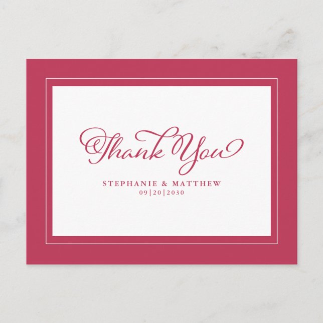 Magenta Red White Elegant Modern Wedding Thank You Postcard (Front)