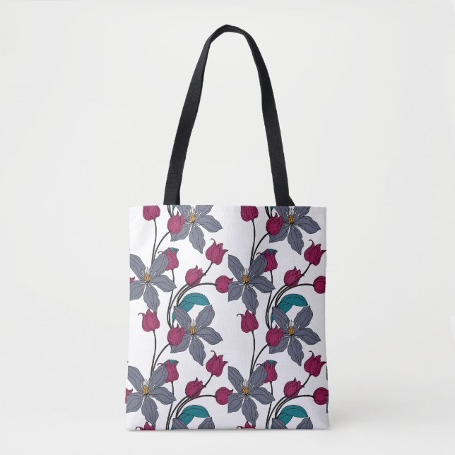 Magenta retro ethnic elegant flower pattern tote bag (Front)