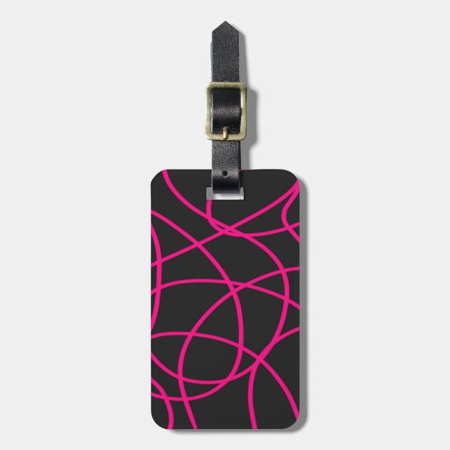 Magenta Ribbons on Black Luggage Tag (Front Vertical)