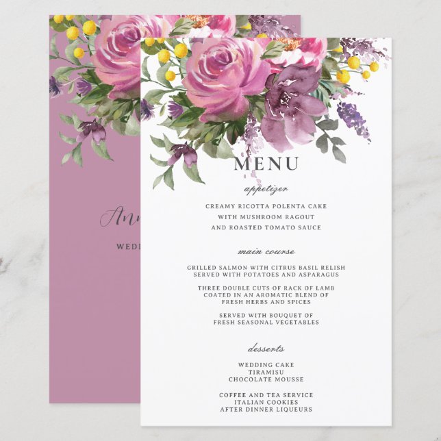 Magenta Rose violet Floral Boho Chic Mariage Menu (Devant / Derrière)