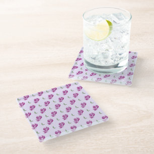 Magenta Roses And Leaves Pattern Coaster